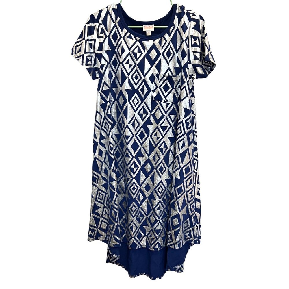 LuLaRoe Blue & Silver Geometric Print Short Sleeve Small Dress Front Pocket